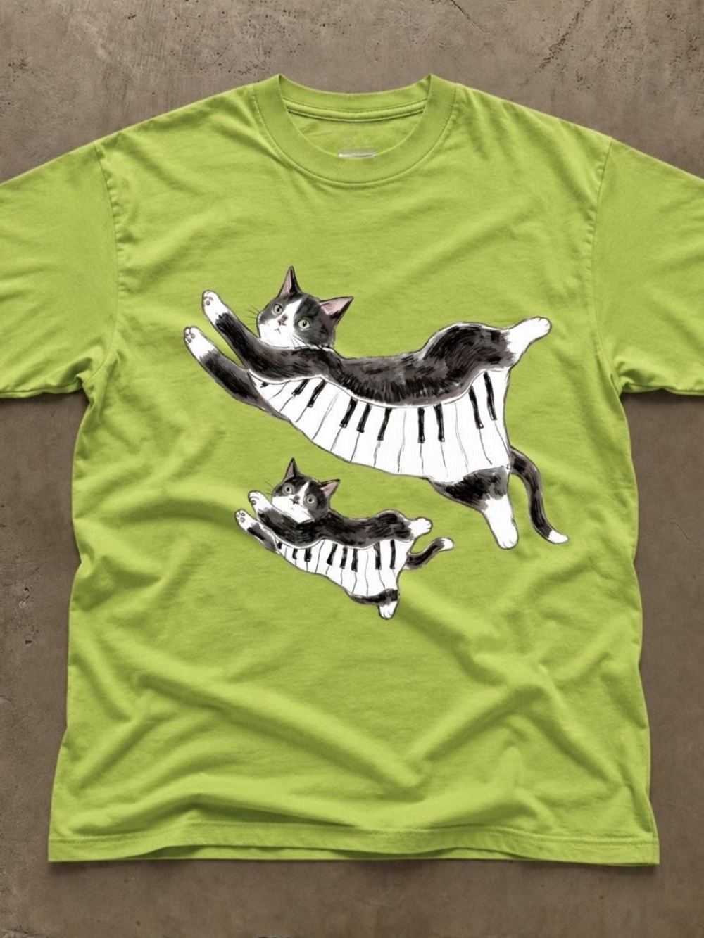 Cats on Piano Graphic T-Shirt - Lime Green